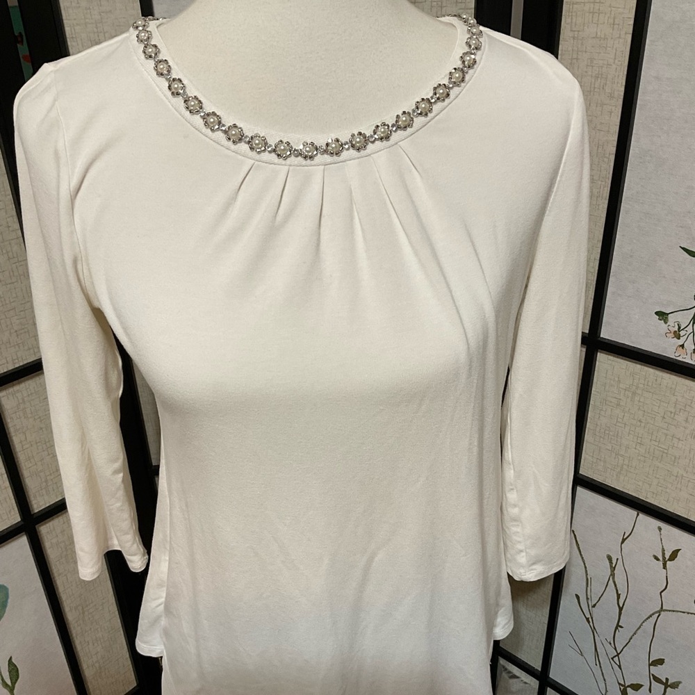 Whbm White Knit Top With Pearl Trim at Neck